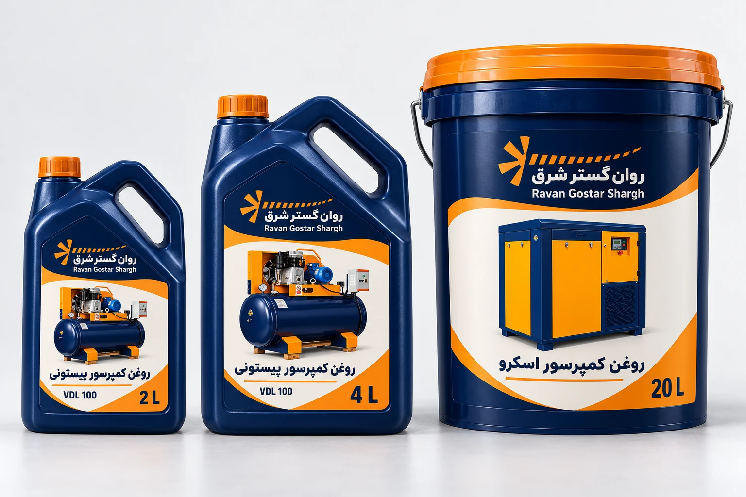تصویر نمایشی بطری‌های دو و چهار لیتری روغن پیستونی و ظرف بیست لیتری روغن اسکرو روان گستر شرق
